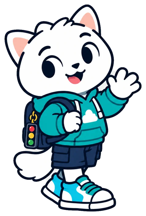 Calmi, el gato guía del kit, saludando