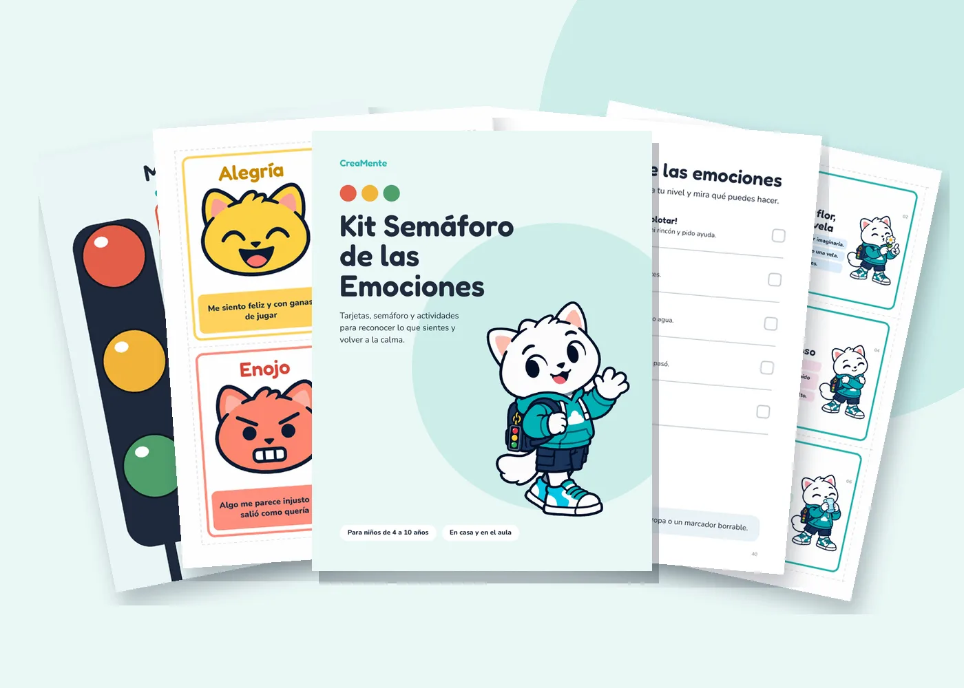 Páginas del Kit Semáforo de las Emociones: portada, tarjetas de emociones, póster del semáforo, termómetro y estrategias