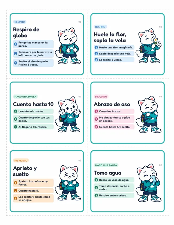Hoja de tarjetas de estrategias de calma