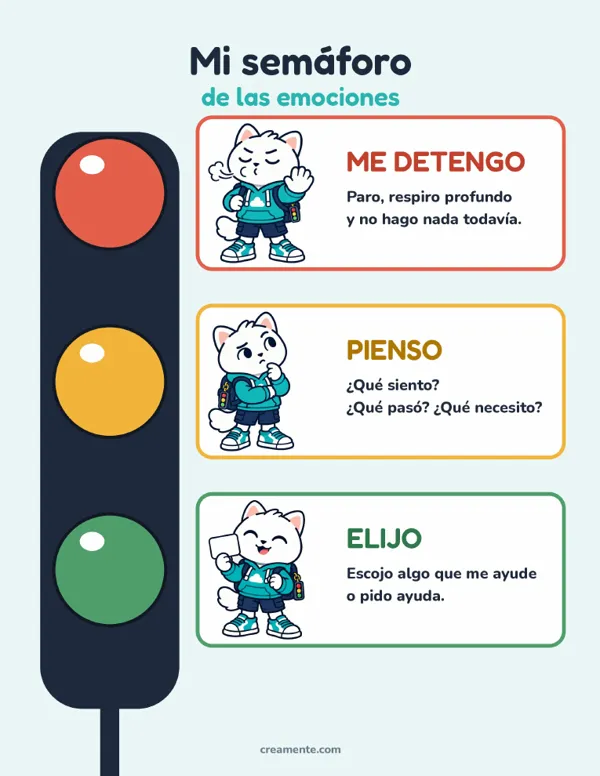 Póster del semáforo: me detengo, pienso, elijo